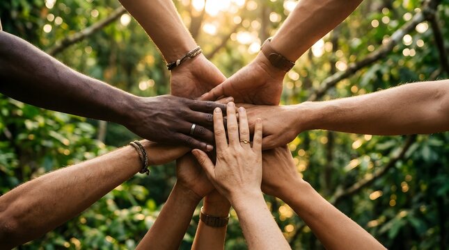 Diverse group of people stacking hands together in unity and teamwork outdoors