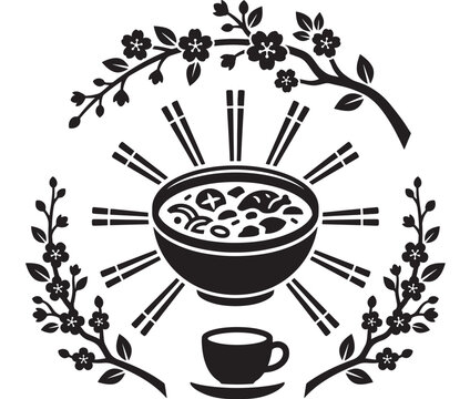 Stylized Bowl of Noodles Design with Cherry Blossoms and Chopsticks, a Decorative Culinary Illustration. and Floral