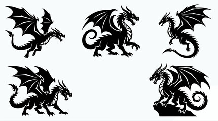 Fototapeta premium Set of five fierce black dragon silhouettes in dynamic flying and roaring poses