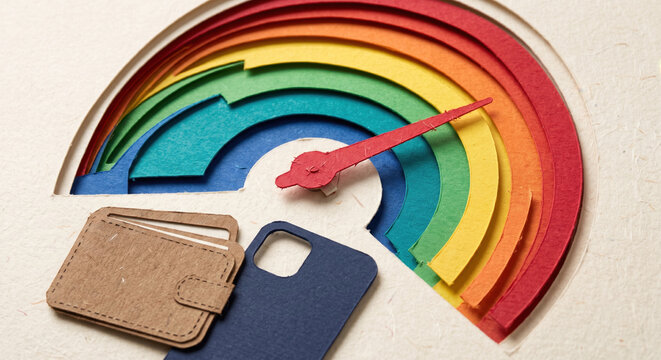 Rainbow meter with wallet: financial health bands showing credit utilization, budgeting tips and emergency savings goal.