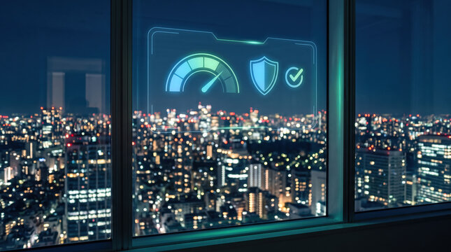 City skyline with holographic gauge: corporate credit monitoring, credit risk dashboard, PD and early‑warning indicators.