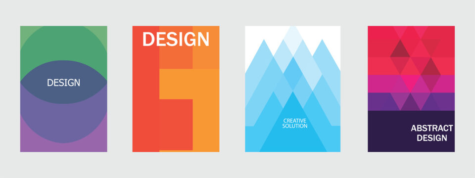 Abstract geometric overlap poster templates set vector illustration. Modern blue mountain triangle, orange block, pink polygon cover layout collection for corporate brochure design.