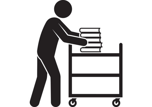 Man Pushing a Cart Filled with Books, a Conceptual Illustration for Library Services and Moving Heavy Loads. and Transport