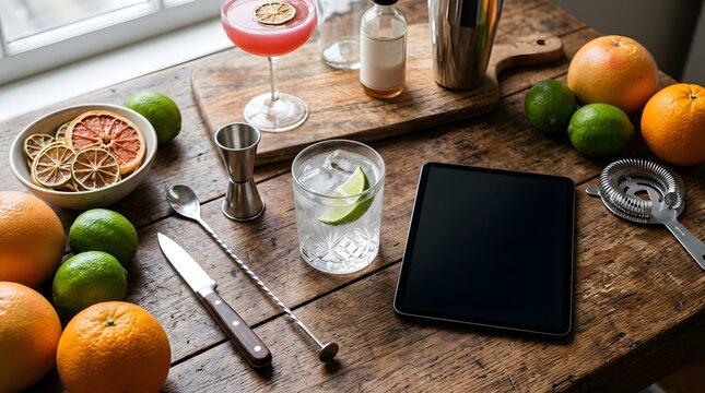Overhead view of a rustic wooden table set with cocktail ingredients and bar tools, including fresh citrus, dried fruit, a shaker, jigger, and two prepared drinks, with a tablet.