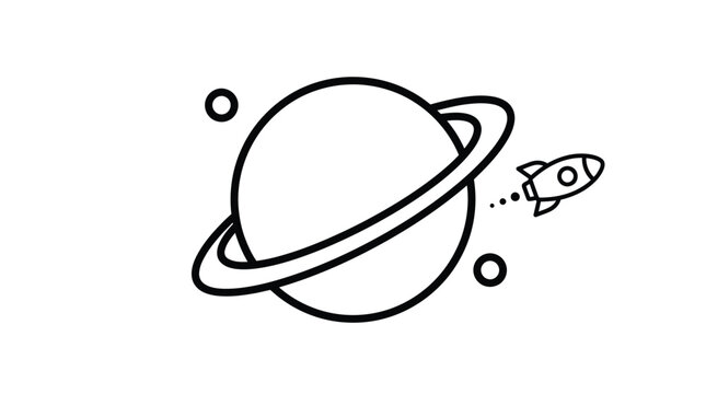 Planet with rings and a small orbiting space rocket drawn in simple black and white line art style for kids and educational galaxy themed designs