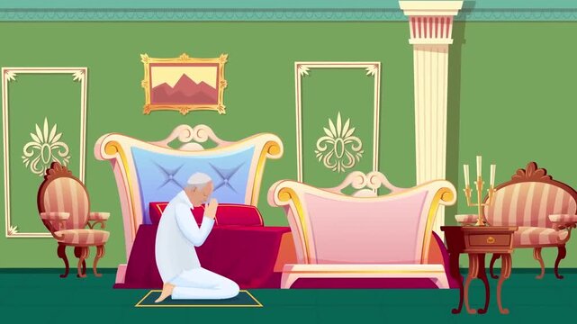 2D Animated Man in White Robe Kneeling in Prayer inside Luxurious Palace Room Flat Vector Character Animation Footage