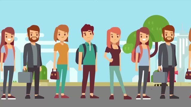 2D Animated Group of Diverse People Standing in Line Outdoors in Front of Trees Flat Vector Character Animation Footage