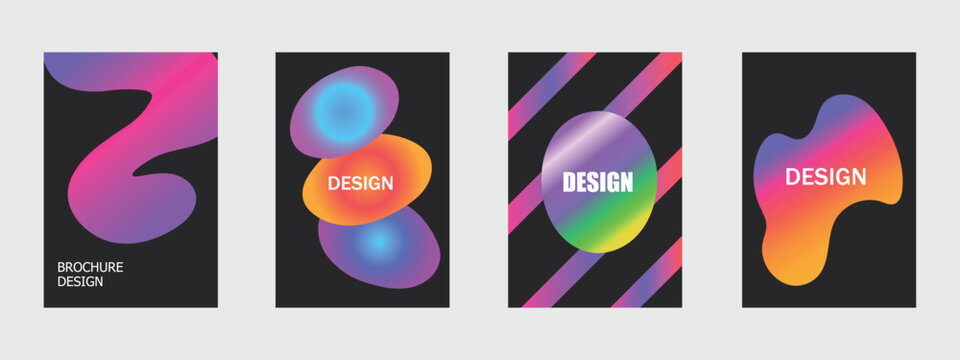 Vibrant liquid gradient poster templates set vector illustration. Dark neon fluid blob shape, oval aura, diagonal stripe cover layout collection for futuristic event brochure design.