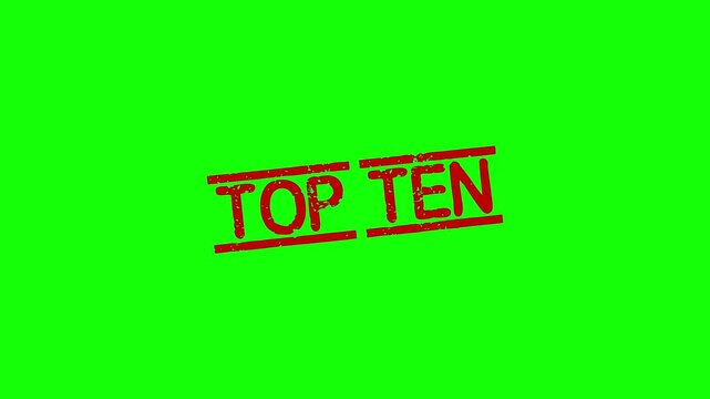 Top Ten rubber stamp animation. Top Ten Stamp textured bold text motion. Up to down stamp zooming and hit effect 4k video.