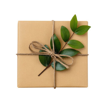 A neatly wrapped gift in brown paper tied with twine and adorned with a green leafy twig