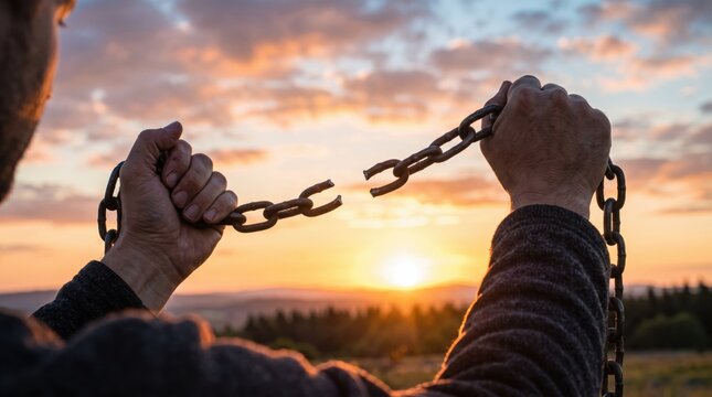 Man breaking heavy iron chains at sunset symbolizing freedom, liberation from addiction or slavery, overcoming obstacles and depression, hope for new beginning, strong hands