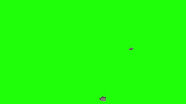 animated video of wall stone collapse on a green screen, stones falling with moderate intensity, used to indicate shaking in a building