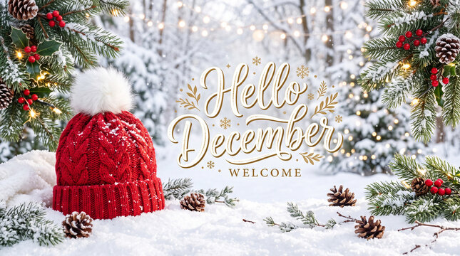 Hello december greeting card with a red winter hat, pine branches, pinecones, and soft bokeh lights in a snowy forest background, festive winter holiday scene