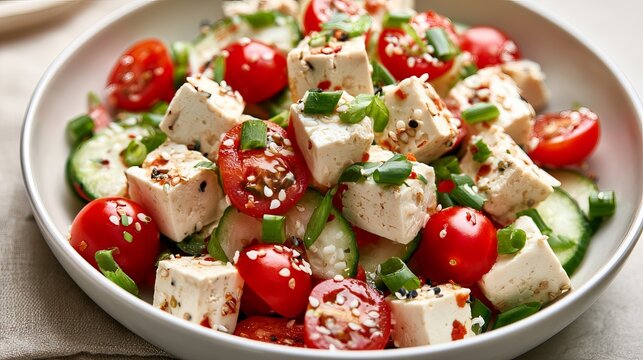 Fresh tofu cubes with cucumber and cherry tomatoes in sesame dressing, representing a vibrant vegetarian salad suitable for healthy meal preparation