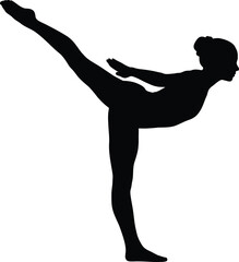 Fototapeta premium Silhouette of a female dancer performing a high leg kick. Graceful ballet pose.