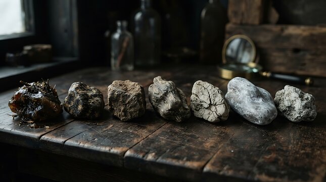 Ambergris pieces on wooden table