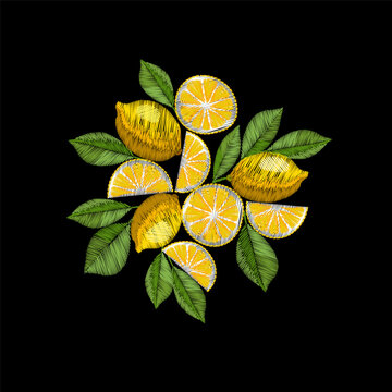 Yellow lemon fruit leaves composition embroidery design. Citrus needlework stitch style. Fashion clothing patches stickers print. Black background hand-stitched vector art.