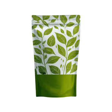 A green and white resealable pouch with a leafy design, likely packaging for tea or a natural product