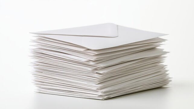 Stack of blank white envelopes neatly arranged on a white surface, conveying communication and correspondence concept for business or personal letters