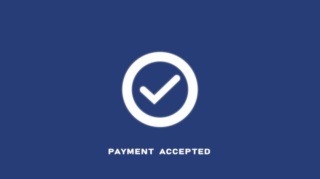 White check mark icon with payment successful text animation on blue background.Tick mark done icon complete accept with payment successfully. Motion graphics of verified concept