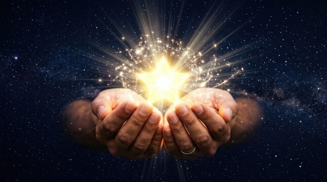 Human hands gently holding a glowing magical star against a deep space universe, symbolizing hope, dreams, wishes, and celestial energy, representing concepts of protection
