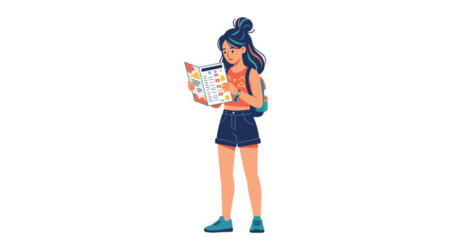 Young woman with backpack reading map, travel planning concept