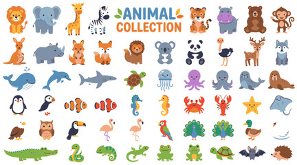 Naklejka premium Set of cute cartoon wild and domestic animals in vector illustration style with animal collection zoo animals safari animals forest animals
