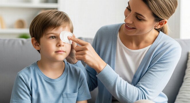 Eye patch smoothing on child shows amblyopia support vision therapy daily care and pediatric eye treatment concept for healthcare marketing and stock use at home