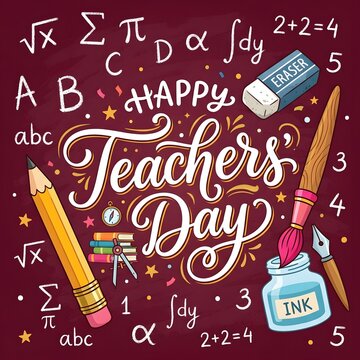 Happy teachers day watercolor illustration with school supplies and equations