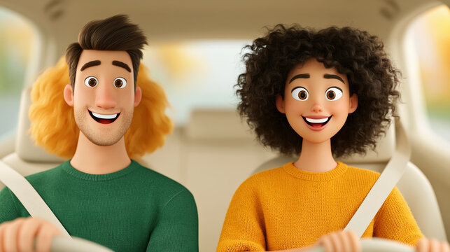Cartoon couple driving car with seat belts for safe travel and road trip lifestyle
