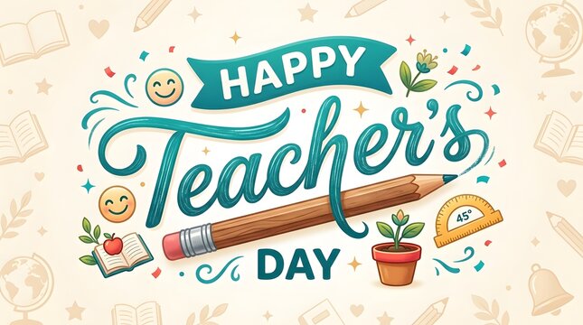 Happy teachers day watercolor illustration with school supplies and floral elements