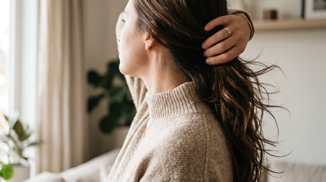 Woman running hand through hair feeling stressed anxious tired frustrated emotional mental health burnout exhaustion headache worry nervous tension side profile portrait indoors