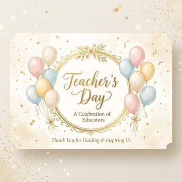 Watercolor teacher's day card with balloons and floral wreath design