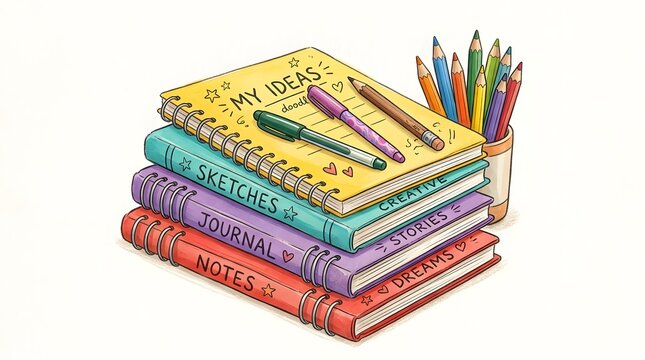 Colorful stack of notebooks with pens and pencils for teachers day