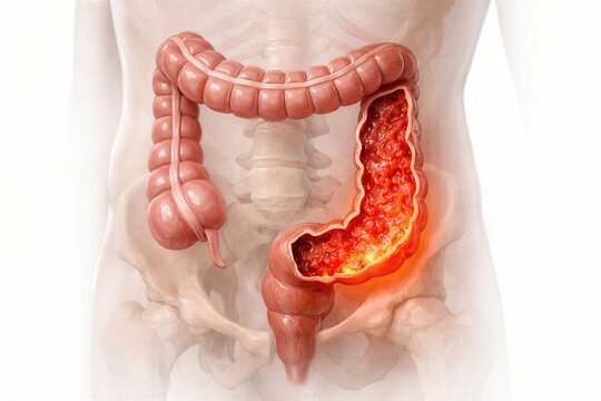 Anatomical visualization of ulcerative colitis with localized mucosal inflammation highlight inside ghostly human pelvic outline representing inflammatory bowel pathology clinical render