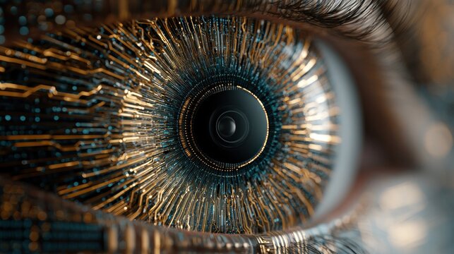 Extreme close up of a futuristic cyborg eye with intricate golden circuitry and a central lens