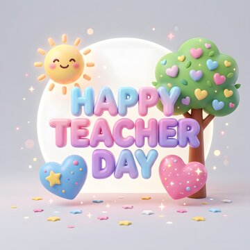 Colorful happy teacher day celebration with sun cloud tree and hearts