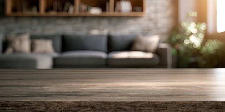 Warmly lit living room with a wooden table in foreground