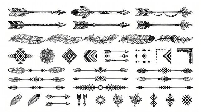 Boho tribal arrows feathers and ethnic symbols set with tribal arrow