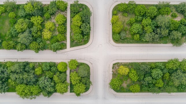 Aerial view of a city intersection with trees and grassy areas.