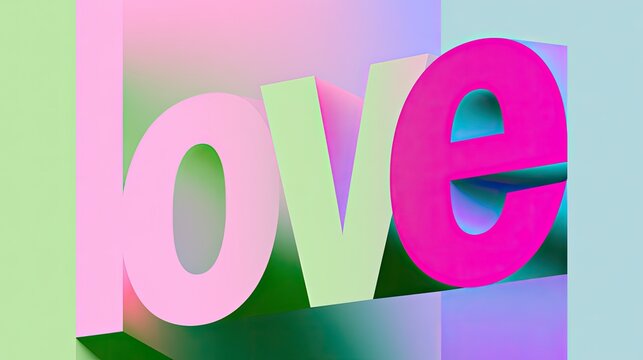 Bold 3D word "love" in vibrant pink, green, and pastel hues