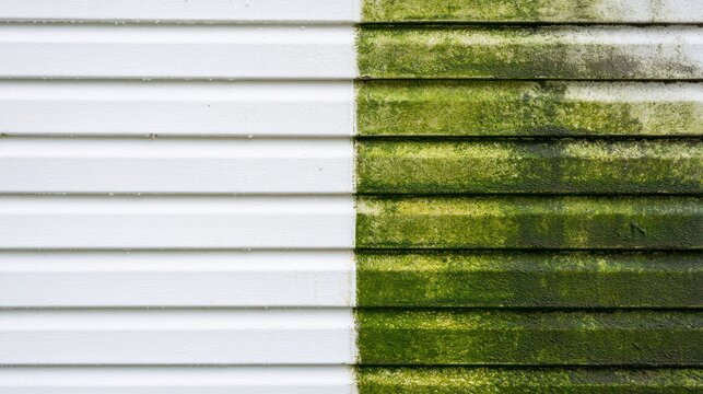 Comparison of dirty and clean white siding showing mold growth and removal