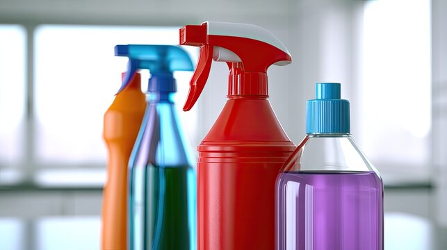 Four colorful cleaning liquid bottles with sprayers and caps