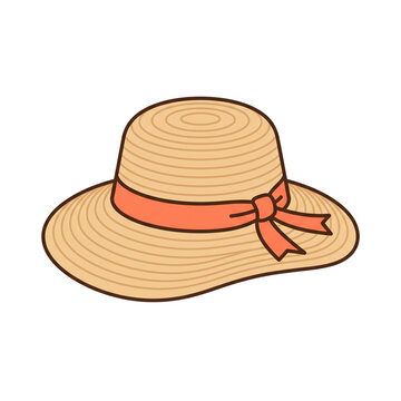 Summer straw sun hat with orange bow vector illustration