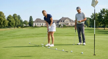 Obraz premium Golf learning lag putting lesson shows golfer and coach refining distance control green reading and stroke length on bright premium putting surface with open space today