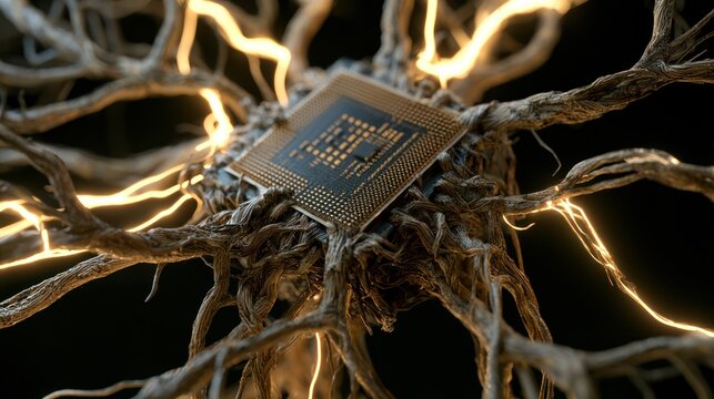 Cpu processor embedded in tangled roots with glowing energy