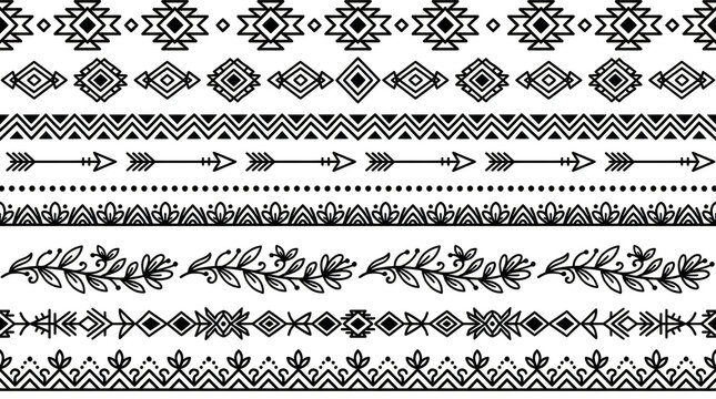 Aztec geometric patterns and native folk art borders set with aztec pattern