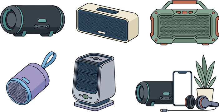 Bluetooth Speaker Vector Set with Portable Wireless Speakers Rugged Outdoor Speaker Mini Speaker and Audio Tech Accessories