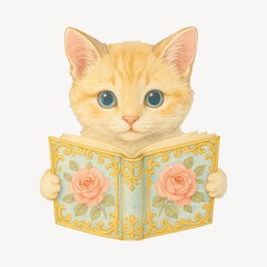 Naklejka premium Adorable kitten reading book illustration.