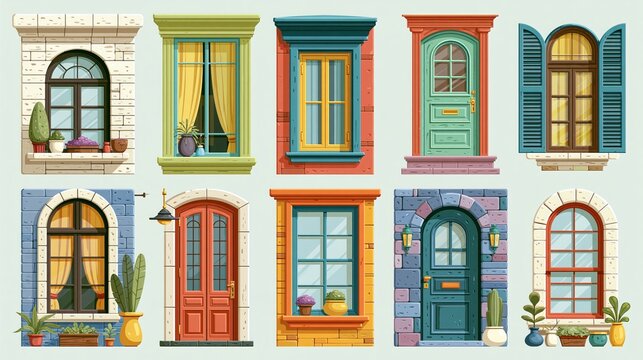 Vector collections feature cartoon house windows and doors for exterior and interior decoration.